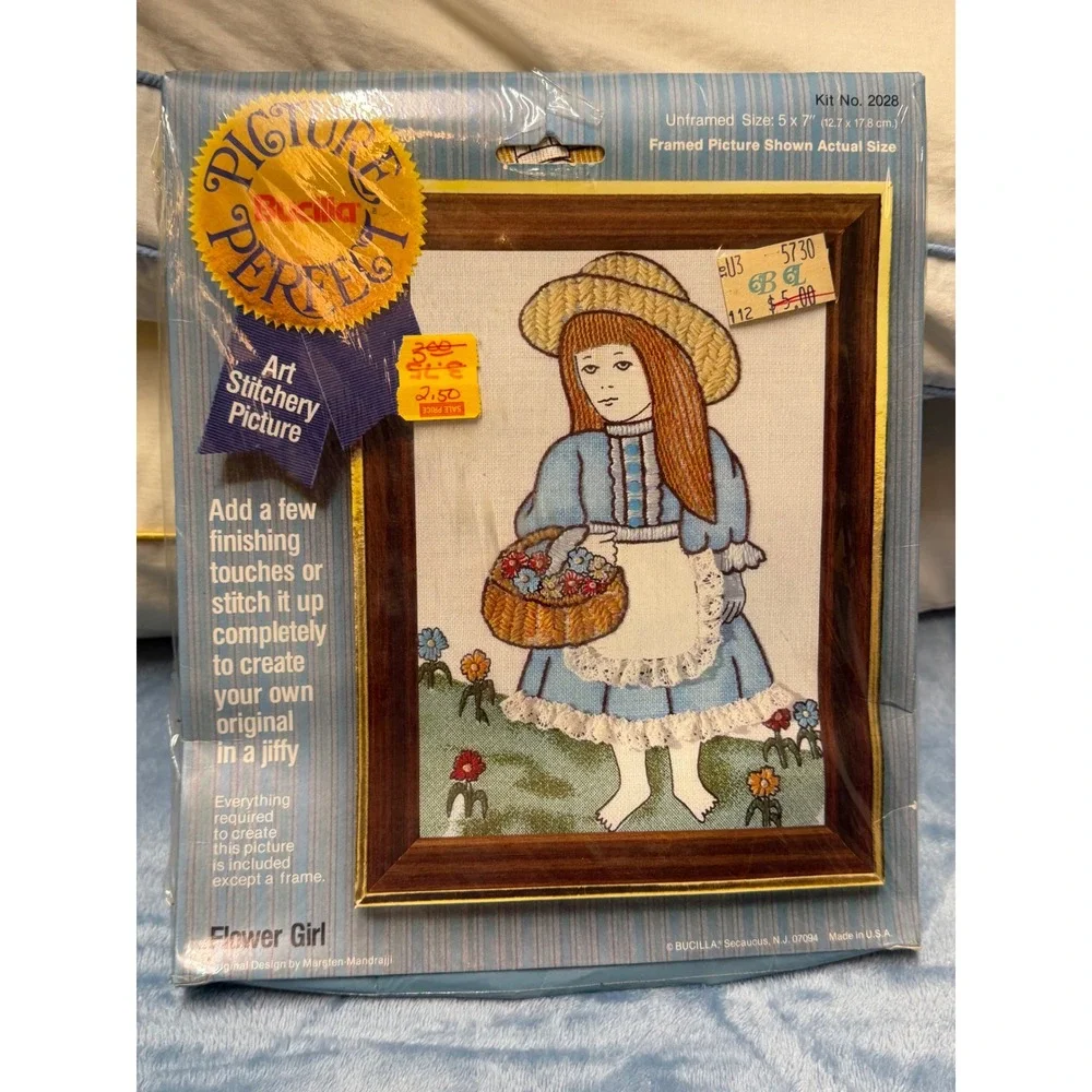 Vtg 2 Bucilla Picture Perfect Art Stichery Picture: Day's Catch & Flower Girl